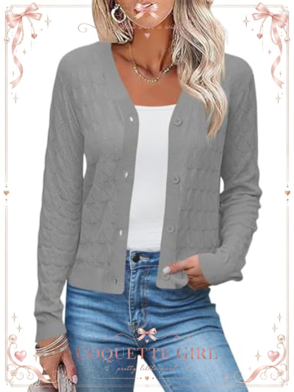 Women Lightweight Crochet Knit Button Down V Neck Open Front Cardigan Sweater